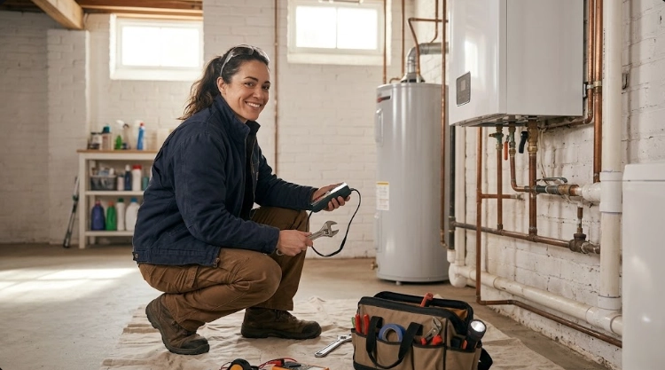 Plumbing technician conducting a gas pressure test on residential black iron gas piping in East Williamsburg, Brooklyn