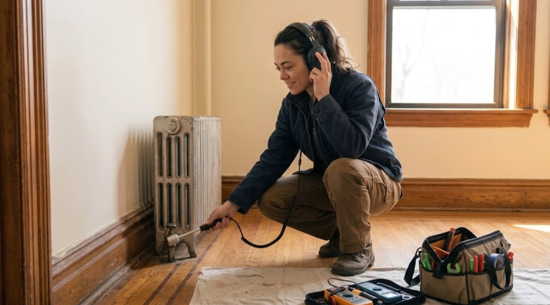 Plumber using acoustic leak detection equipment to trace a pipe leak behind a wall in East Williamsburg, Brooklyn