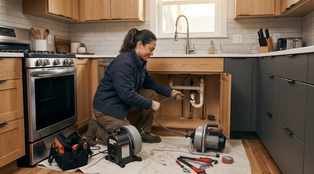 Plumber clearing a kitchen sink drain stoppage with professional mechanical snaking tools in East Williamsburg, Brooklyn