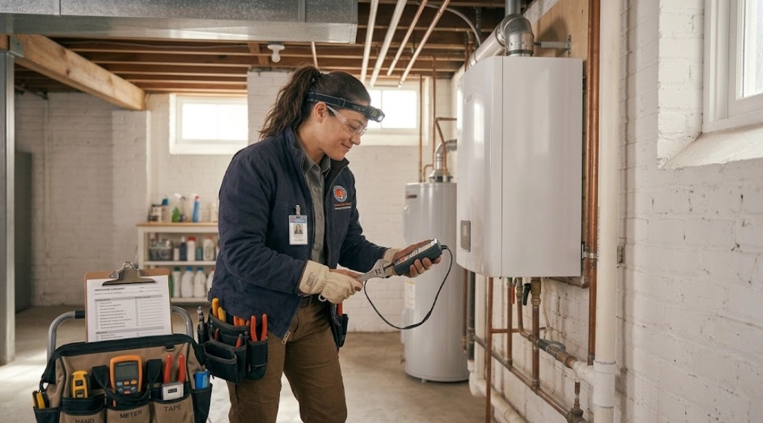 Professional boiler repair technician inspecting residential heating equipment in East Williamsburg, Brooklyn