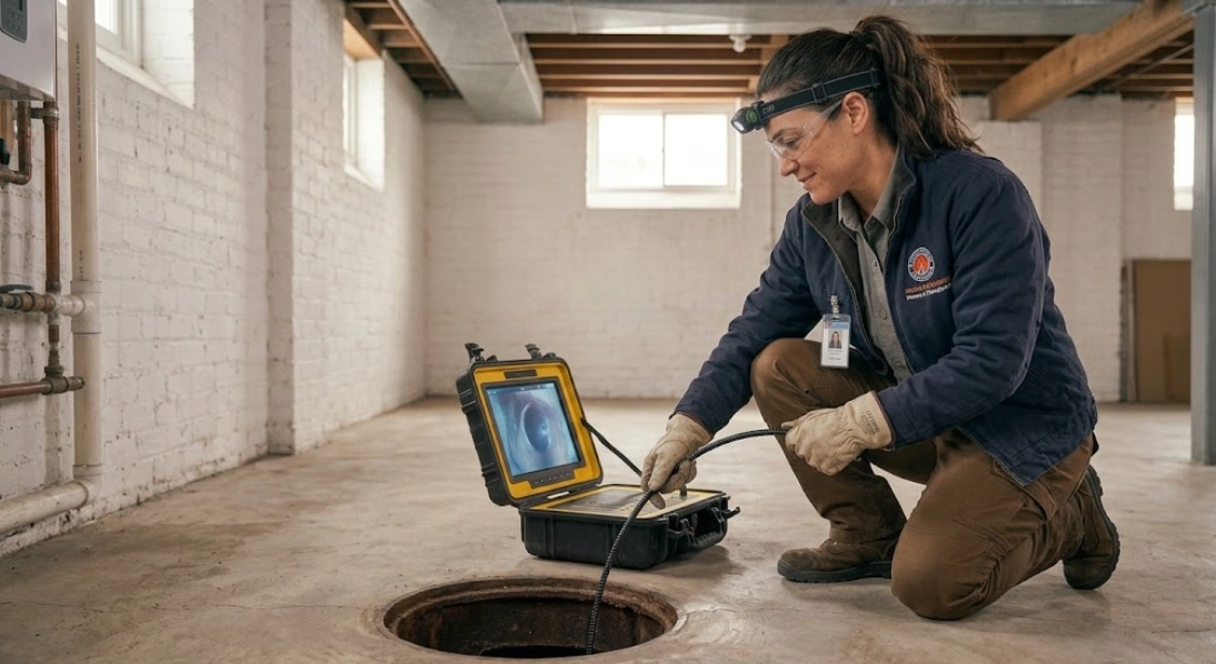 High-definition sewer camera inspection monitor showing interior pipe condition in East Williamsburg, Brooklyn
