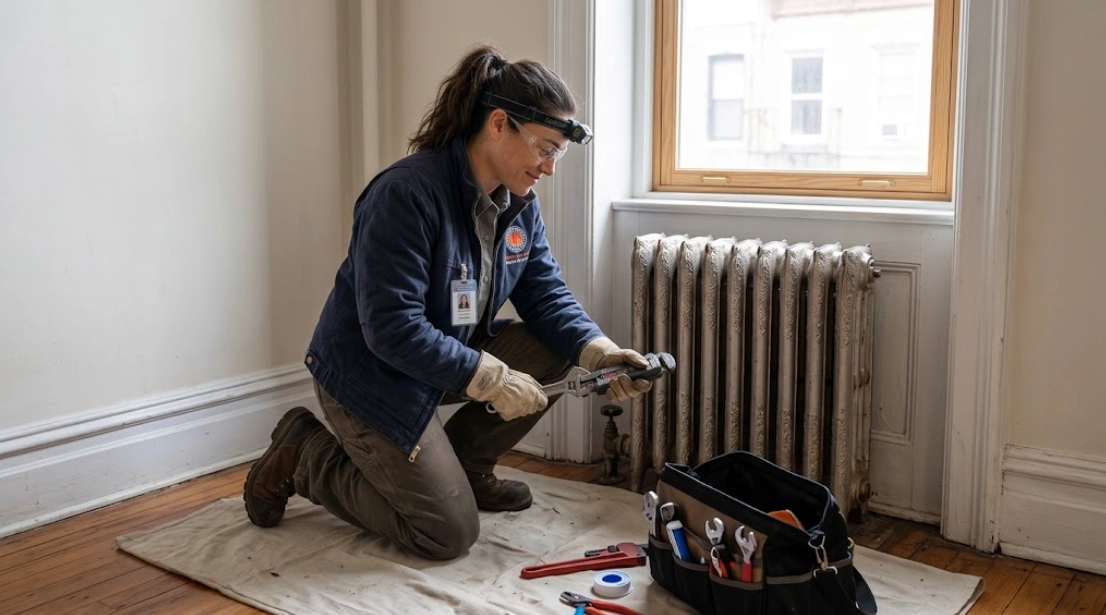 Plumber replacing a heavy steam radiator valve and air vent in East Williamsburg, Brooklyn