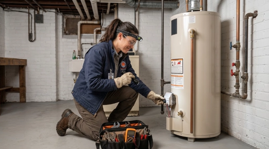 Plumbing technician testing a residential gas water heater in East Williamsburg, Brooklyn